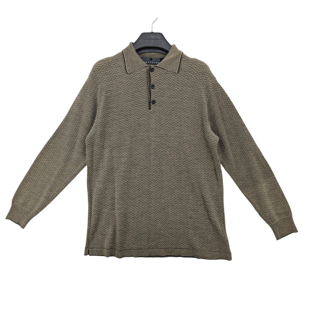 Vintage Consensus Herringbone Knit Polo Sweater Mens Brown Long Sleeve 90s